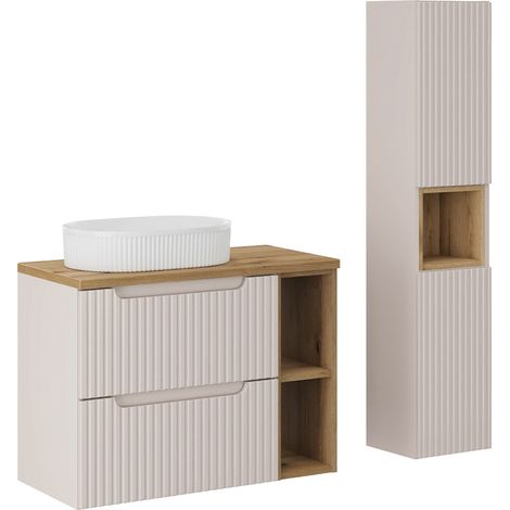 Conjunto mueble lavabo individual 80cm 2 cajones 2 compartimientos y columna Riva Cachemira y Madera (1/4)