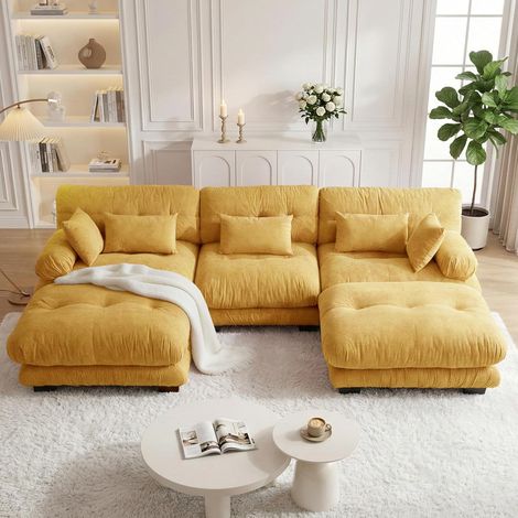Canapé d’angle modulaire luxueux – En U, convertible en lit, assise profonde, pouf, chenille jaune – Ambiance chaleureuse et fonctionnelle (1/4)
