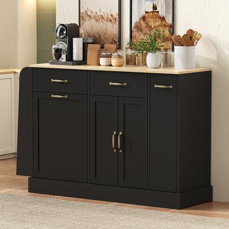 Buffet noir avec tiroirs, compartiment poubelle et étagère à épices extérieure pour salon, salle à manger, cuisine
