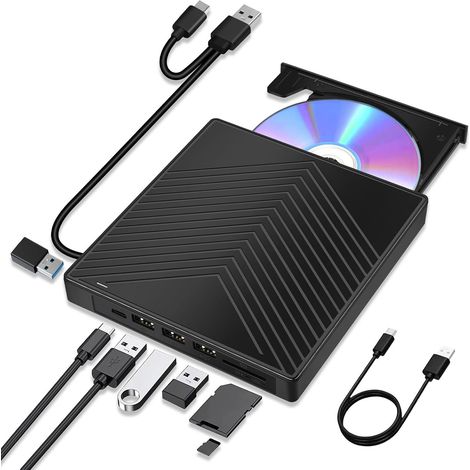 Lecteur DVD externe 7 en 1 USB 3.0 Type-C – Graveur CD/DVD +/-RW portable – 4 ports USB et emplacement SD/TF – Compatible Windows 11/10, Linux, Mac