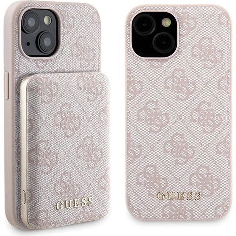 Funda rígida Guess GUBPM5P15S4GEMGP para iPhone 15 de 6.1" + Powerbank de 5000 mAh MagSafe rosa/rosa 4G con logo metálico (1/5)