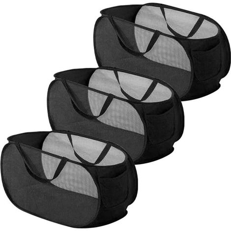 Collapsible Laundry Hamper, 3-Piece Collapsible Laundry Baskets, Mesh Laundry Hamper, Collapsible Laundry Basket with Handle for Bedroom, Nursery, and Travel (Black) (1/5)