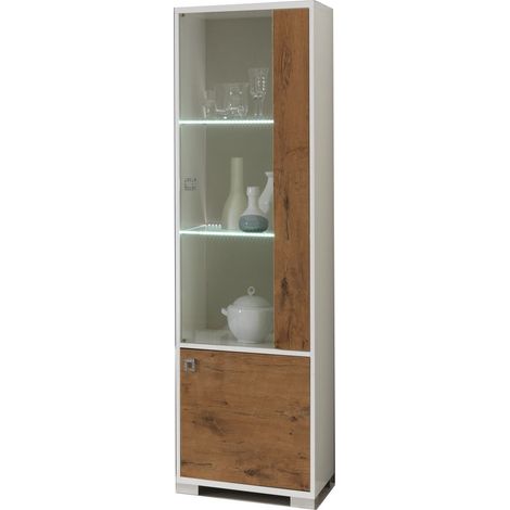 Vitrine moderne 1 porte vitrée à Led bois Oak et blanc brillant Sting 60cm