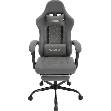 WOLTU Silla Gaming con MasajeSilla Gaming con Reposapiés Telescópico, Reposacabezas y Soporte Lumbar Silla de Oficina Ergonómica Inclinable 145°, Gris+Amarillo (1/5)