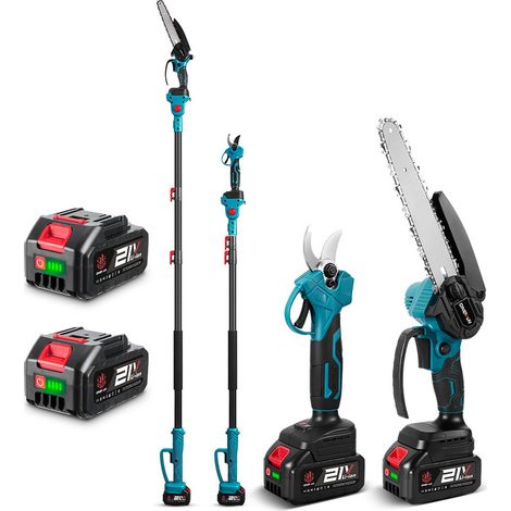 Tronconneuse avec Perche 8 Pouces & Secateur Electrique Telescopique 25 mm, 4 en 1 Élagueuse sur Perche avec 2 3000mah Batteries, Portée Maximale 2.4m