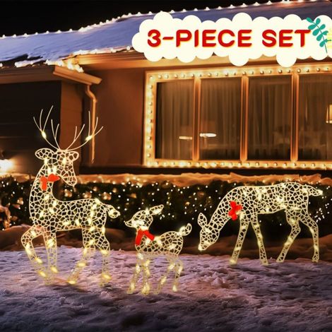 Rennes de Noël éclairés 3 pièces, Lumière Chaude LED, Ensemble Familial de Rennes, Décoration de Table pour Extérieur (1/5)