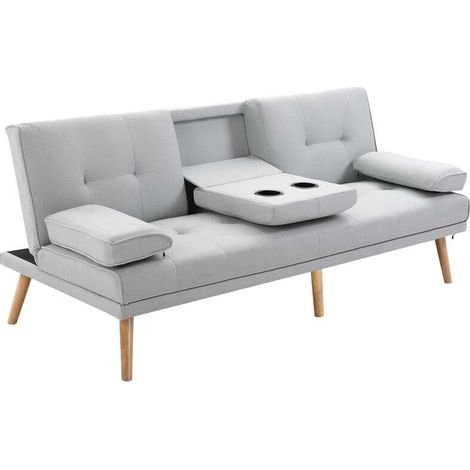 Canapé convertible 3 places, canapé-lit rembourré avec dossier réglable 3 niveaux, 2 coussins et 2 porte-gobelets intégrés, tissu de lin, pour salon, chambre d'amis, petit espace, gris clair (1/5)