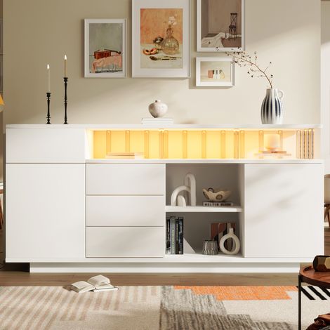 Sideboard 160x40x75 cm, LED Beleuchtung, 4 Schubladen, 2 Türen, MDF und Acryl, Weiß (1/5)
