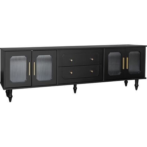 Lowboard, meuble de salon à style rétro : poignées dorées, grande capacité d’entreposage des objets. Il est équipé d’une porte en verre et de pieds en bois massif. (1/5)