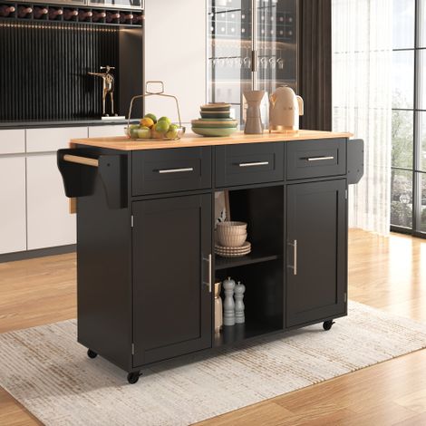 Îlot central cuisine noir avec plateau effet bois, desserte mobile multifonction avec table rabattable extensible 139×46(71)×91,5 cm, rangement cuisine 3 tiroirs et roulettes (1/5)