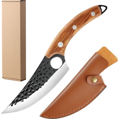 Machete mit handgeschmiedetem Rosenholzgriff, multifunktional für Fleisch und Fisch (Scheide aus PU-Leder, Box aus Rindsleder)