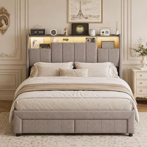 Doppelbett 140x200 cm mit 2 Bettschubladen, Polsterbett mit RGB-LED und USB-Anschluss am Kopfteil mit Ablage, Leinenstoff, Lattenrost, Grau (1/5)