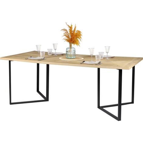 Esstisch im Designstil, Farbe helles Eichenholz mit schwarzem Metallfuß, Maße 200x100xH75cm.