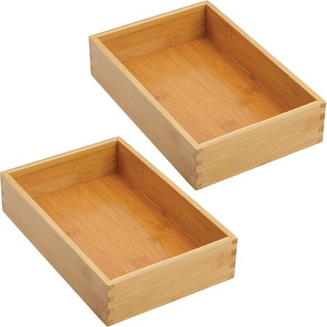 (2 Pack) 1 Piece Bamboo Drawer Organizer for Kitchen - Modular Cutlery Tray for Silverware, Dishes, etc. - Storage Bin - Light Brown (1/4)