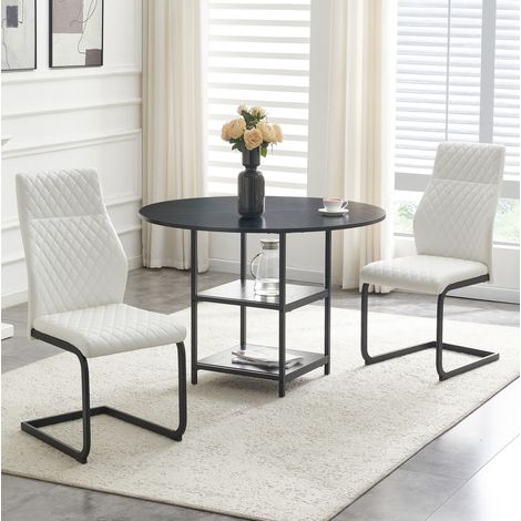 Conjunto de comedor 107x107x75 cm, mesa redonda con doble estante y 2 sillas ergonómicas, MDF metal, negro y blanco (1/5)