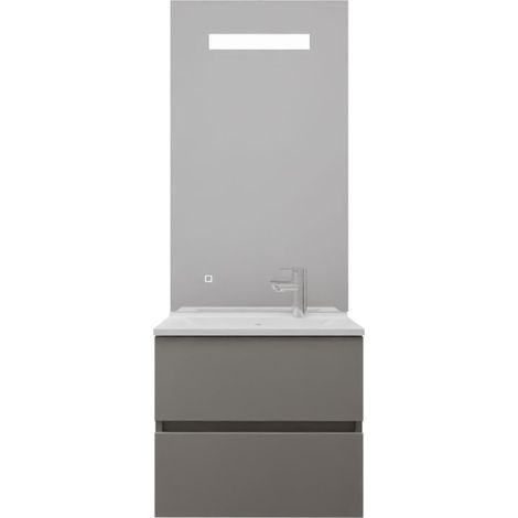Meuble vasque ROSALY INOX 60 cm + miroir Elégance ht105- Gris- Plan vasque en Résine (1/5)
