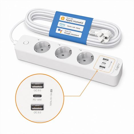Multiprise Connectée WiFi, 3 prises indépendantes et 3 ports USB charge rapide (1 Type C+2 Type A), 10A Type F, compatible avec HomeKit, Alexa et Google Home, Contrôler l'aquarium, P300