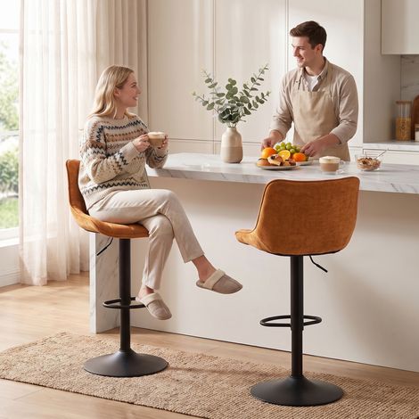 Ensemble 2 tabourets de bar tournants et réglables avec base en métal et dossier, Marron orangé (1/5)