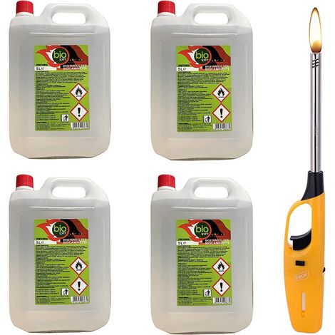 Lot de 4 bouteilles de bioéthanol 5L – Combustible inodore pour poêles – Écologique et sans soufre – Briquet inclus – Sprintchimica