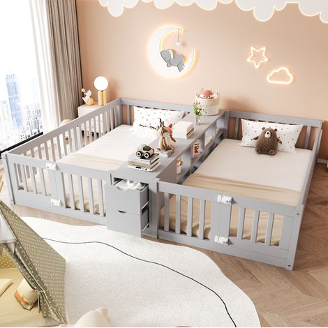 Lit enfant double 90 x 200 cm avec rangements, barrières de sécurité, gris, bois, OKWISH (1/5)