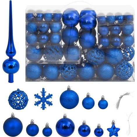 111 Boules de Noël Couleur Bleu + étoiles + flèche pour sapin de Noël (1/3)