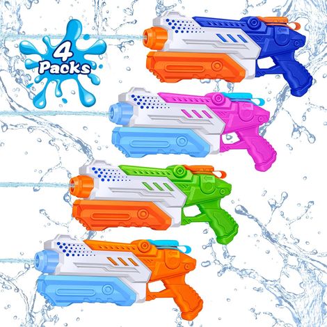 Lot de 4 Pistolets a Eau pour Enfants - Pistolets à Eau d'une capacité de 300 ML et d'une portée de 7,5 à 9 mètres, Pistolets et Fusils à Eau pour Bataille d'eau dans la Piscine en été