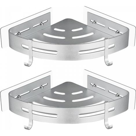 Etagère de Douche d'angle sans Perçage en Métal avec 2 Crochets pour Douche Support Antirouille Autocollant pour Articles de Salle de Bains 2 Pièces (Argent) (1/4)