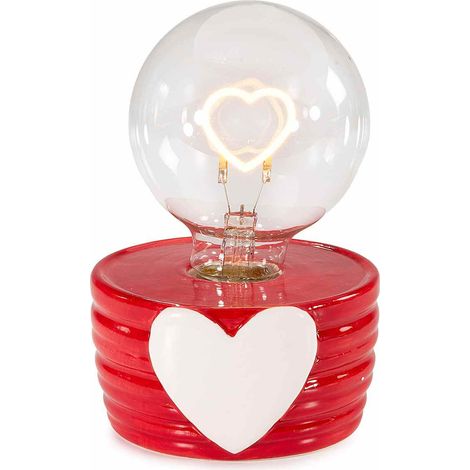 Lampada con luce led a forma di cuore dentro sfera con base in ceramica lavorata e decoro a cuore, set da 2 pezzi, Ø 9 cm x 14,5 H