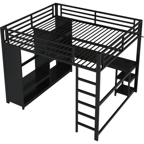 Metall-Hochbett 160x200 cm schwarz mit Schreibtisch, LED, offenem Schrank und Regalen (1/5)
