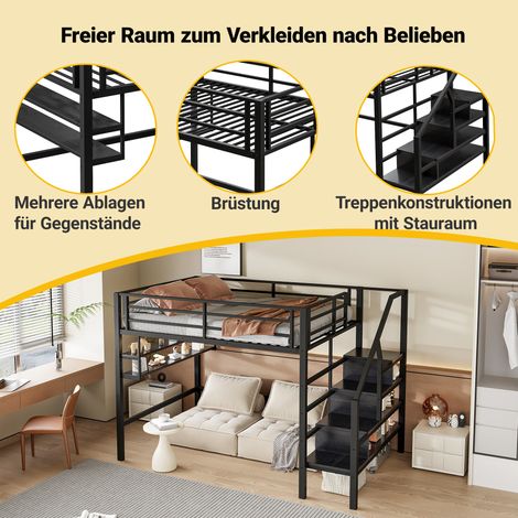 Lit mezzanine noir 140x200cm avec étagères, échelle de rangement, espace sous le lit pour déguisement, barrière de sécurité, sans matelas