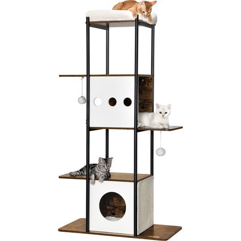 Feandrea – Arbre à chat 153 cm avec griffoirs en sisal – Coussins amovibles et lavables – Grandes plateformes en panneau d’aggloméré marron rustique