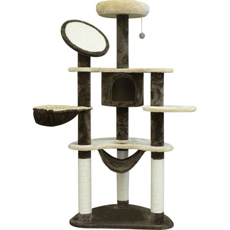 Grand arbre à chat de 153 cm, tour d’escalade pour chat avec cabane, hamacs, plateformes, poteaux à griffer en sisal et balle suspendue, marron et beige (1/5)