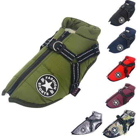 Gilet Chien Imperméable avec Harnais - Chaud, Hiver, Vert (1/5)
