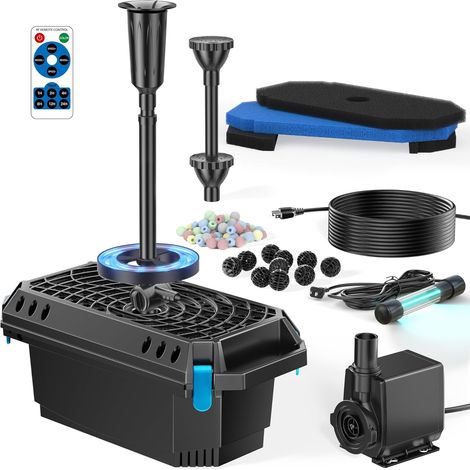 POPOSOAP All-in-One Teichfilter PE056 mit 6W UV-Klärer, 2500 l/h 40W Teichpumpe und RGB-LED-Beleuchtung, für Gartenteiche bis 6000L (1/5)