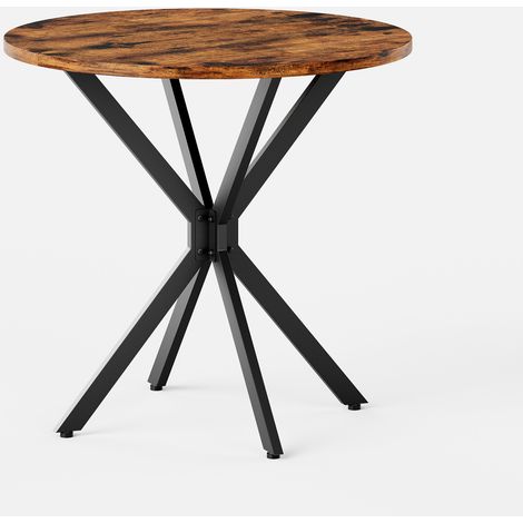 Table ronde industrielle Ø80 cm avec pieds en X en acier noir et plateau vintage marron (1/5)