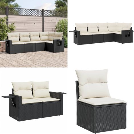 Salon de jardin 5 pcs avec coussins noir résine tressée - Salon De Jardin - Meuble De Jardin - Canapé Extérieur - Ensemble Salon - Résine Tressée - Home & Living (1/5)