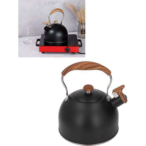 Bouilloire à sifflet de 2,5 L en acier inoxydable noir avec poignée et couvercle imitation bois, compatible avec les plaques à induction et les cuisinières à gaz.