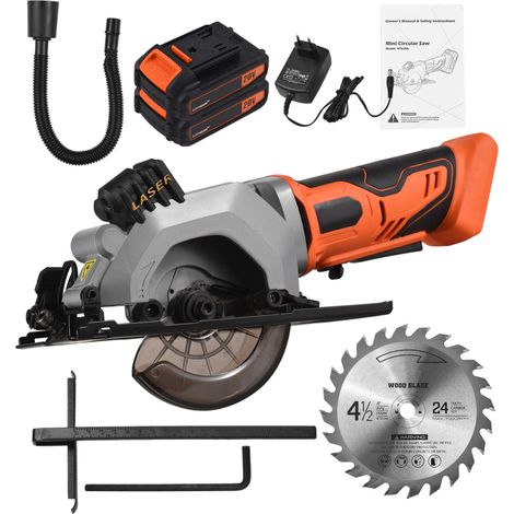 Scie circulaire miniature sans fil professionnelle 20 V 3400 tr/min, batterie lithium 2,0 Ah, angle et profondeur réglables, profondeur de coupe max. 42,8 mm (90°) et 28 mm (45°), guide de 115 mm (4-1 (1/5)