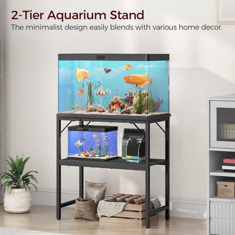 Meuble pour Aquarium jusqu'à 75 Litres Support Aquarium à 2 Niveaux avec Tablette de Rangement Polyvalent Étagère Robuste en Métal pour Salon Bureau Entrée Noir