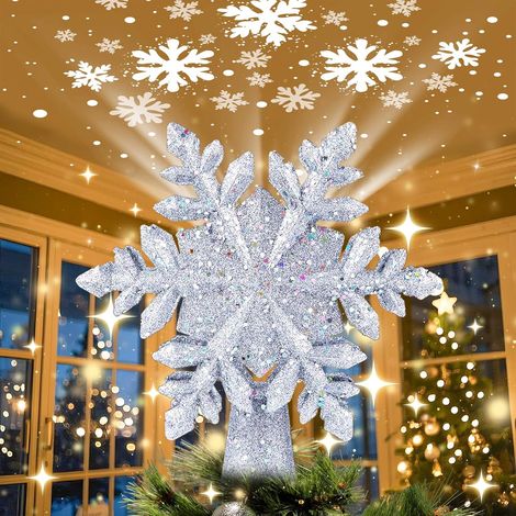 Sommet de sapin LED rotatif argenté flocon de neige 23cm projecteur lumière intérieur bureau décoration Noël Nouvel An (1/4)