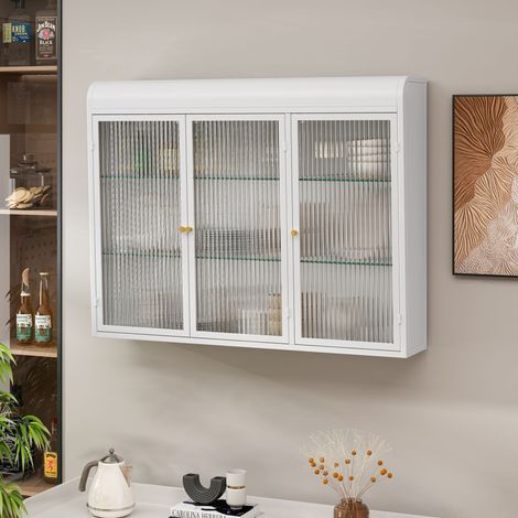 Armoire murale cintrée verre 3 portes blanche cuisine salon salle de bain (120x60x35 cm)