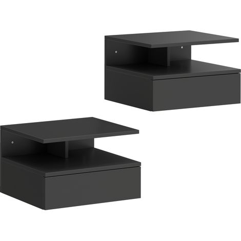 Set di 2 Comodini Sospesi 35x32x22,5 cm con Cassetto e Mensola Aperta Rivestimento in Melamina Nero (1/5)