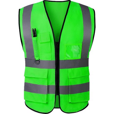Gilet de Haute Visibilité Chantier BTP Paysagisme - 8 Pièces, Maille Mesh Vert Pomme, Sécurité Route et Assainissement-lsw