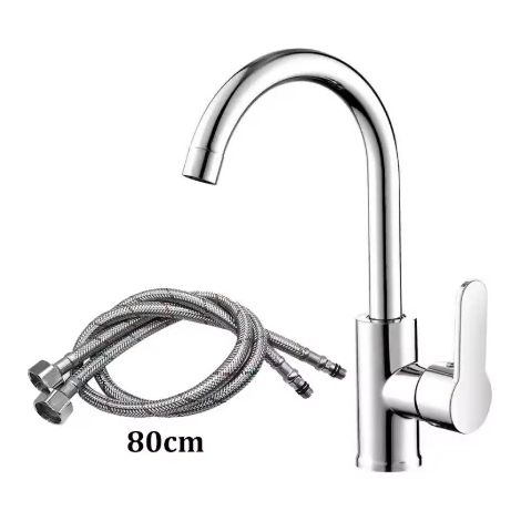 Robinet de cuisine pivotant à 360° (Silvery B) pour eau chaude et froide, avec grand coude et robinet mitigeur pour lavabo de salle de bain ou balcon. (1/5)
