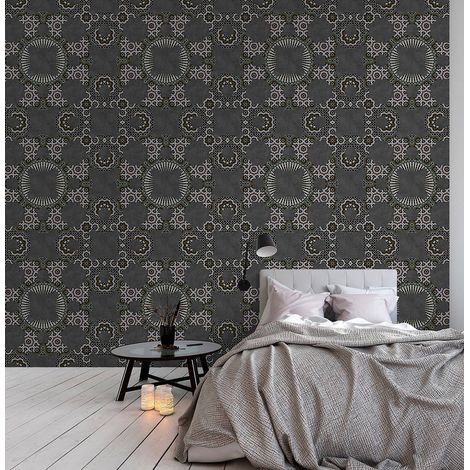 Papier peint panoramique original à motif | Tapisserie panoramique grise graphique | Papier peint panoramique mandala pour chambre adulte - 270 x 400 cm (4 pièces) (1/5)