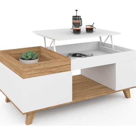 Idmarket – Table basse relevable en bois blanc et hêtre – Coffre de rangement latéral – Dimensions 110x55x45/58cm – Mécanisme en acier laqué époxy
