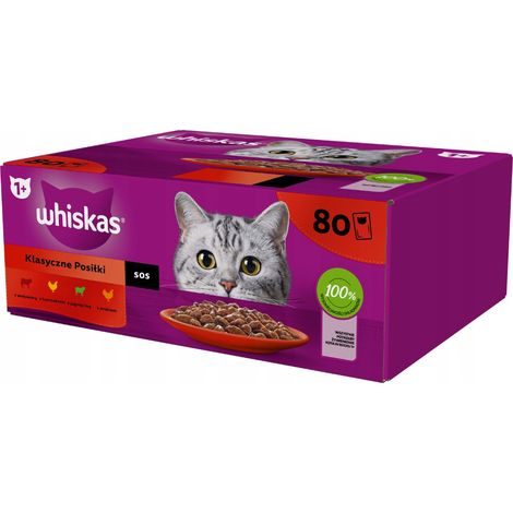Cibo umido per gatti WHISKAS, bustina di salsa, gusto pollame/agnello/manzo/pollo 80x85g (1/2)