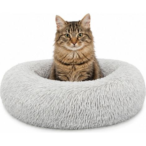 lionto Donut Katzenkissen, rundes Bett mit Plüschbezug & Anti-Rutsch-Boden, erhöhter Rand für Geborgenheit, 40 cm Durchmesser, hellgrau (1/5)