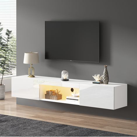 Mobile TV pensile in pannello truciolare bianco lucido 160 x 31 x 22 cm con LED Bluetooth e 2 ante (1/5)