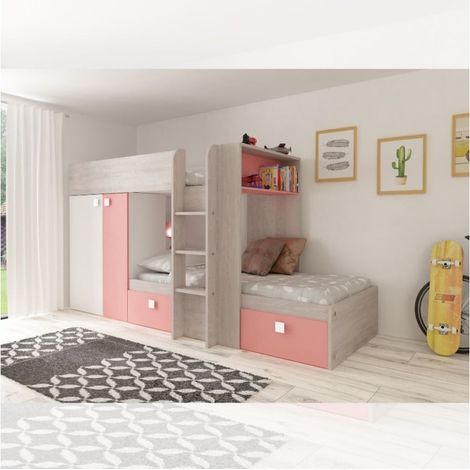Letto a castello bianco consumato e rosa flamingo con armadio e cassetti 1267